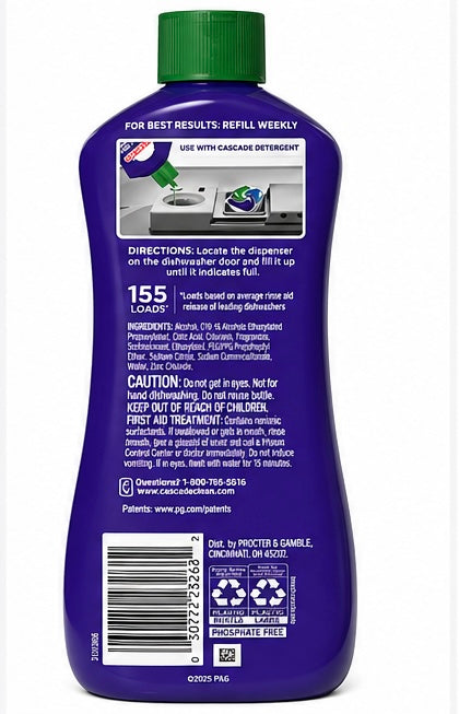 Cascade Clean + Dry Booster Rinse Aid – 5X Better Drying, Spot Prevention, 155 Loads (16 oz)