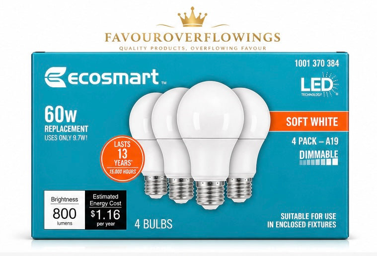 EcoSmart LED Light Bulbs 4 Pack – 60W Replacement, Soft White, A19, Dimmable, 800 Lumens