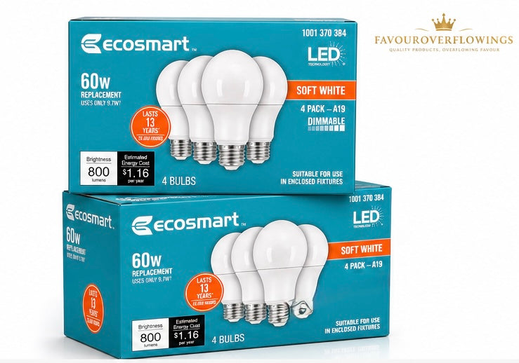 EcoSmart LED Light Bulbs 4 Pack – 60W Replacement, Soft White, A19, Dimmable, 800 Lumens