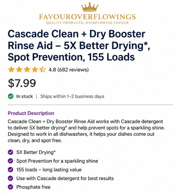 Cascade Clean + Dry Booster Rinse Aid – 5X Better Drying, Spot Prevention, 155 Loads (16 oz)