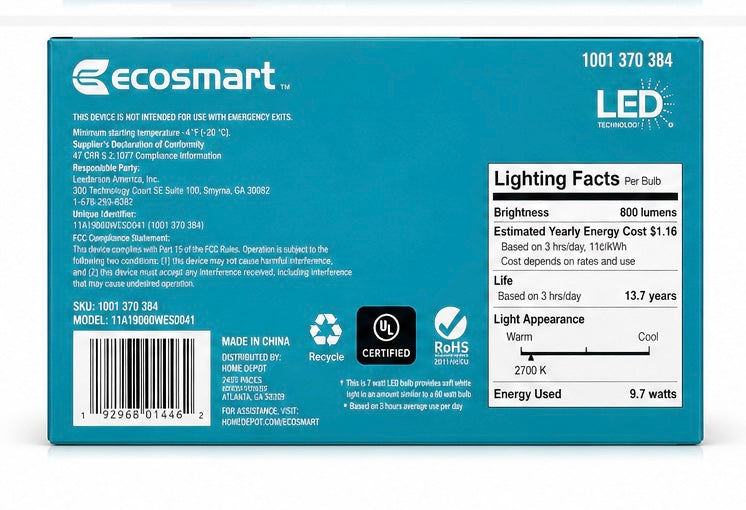 EcoSmart LED Light Bulbs 4 Pack – 60W Replacement, Soft White, A19, Dimmable, 800 Lumens