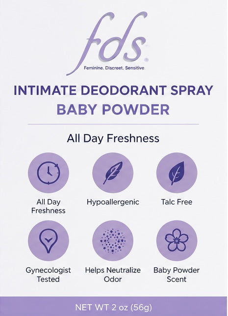 FDS Intimate Deodorant Spray – Baby Powder Scent – Talc-Free, Hypoallergenic – 2 oz
