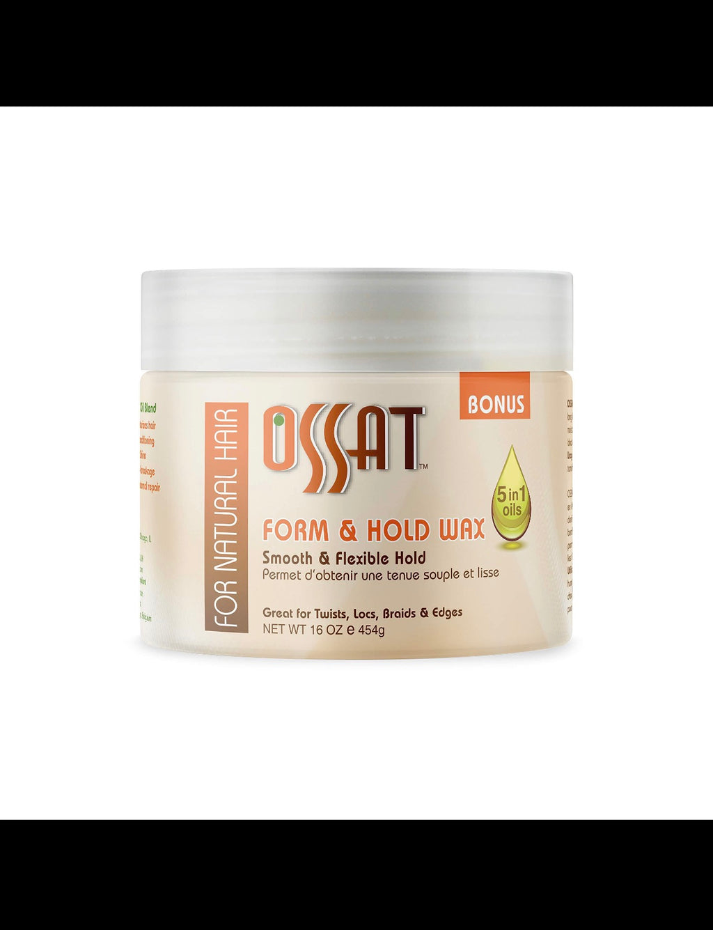 OSSAT Form & Hold Hair Wax 16oz For Twists Braids Locs Edges 5-in-1 Oils