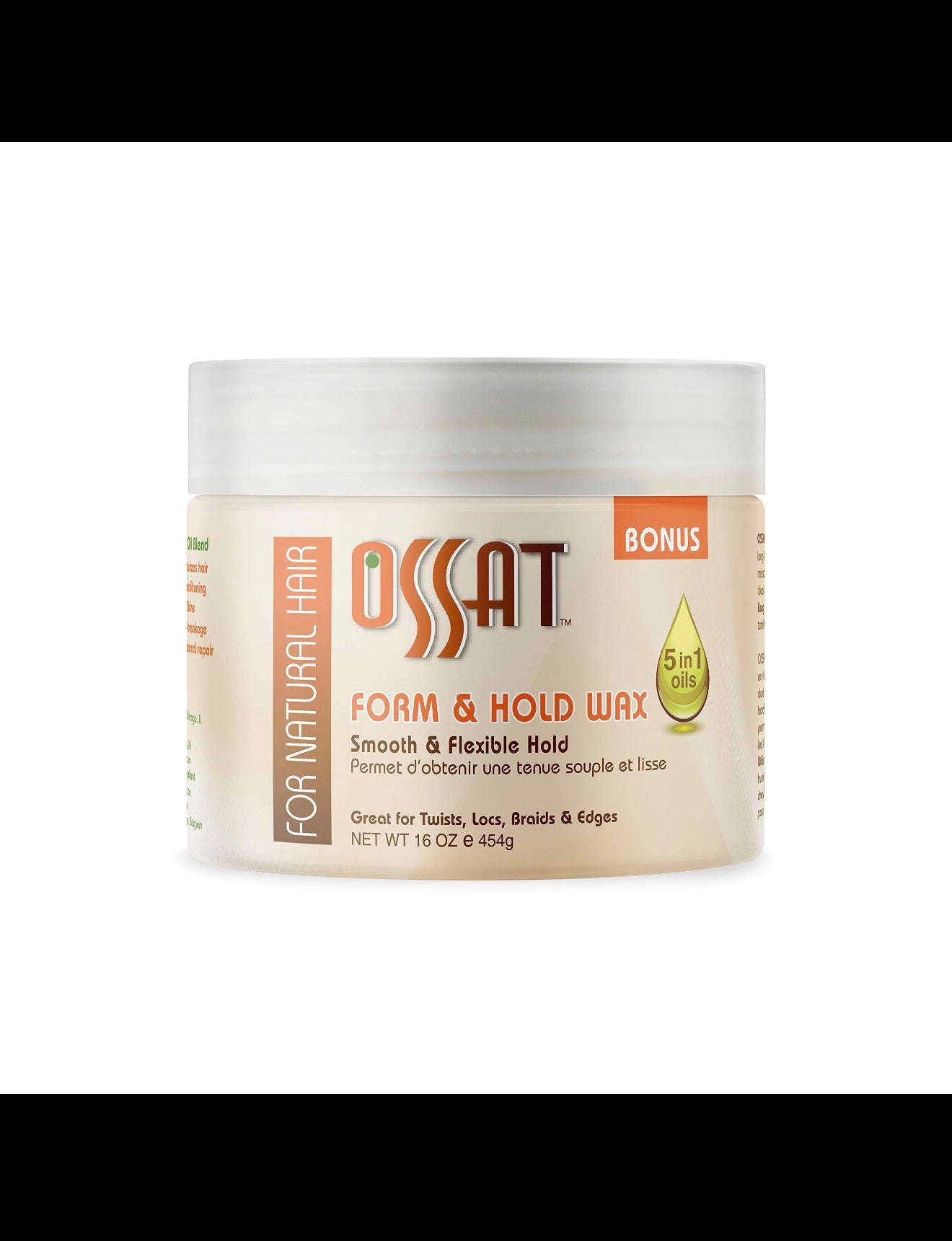 OSSAT Form & Hold Hair Wax 16oz For Twists Braids Locs Edges 5-in-1 Oils