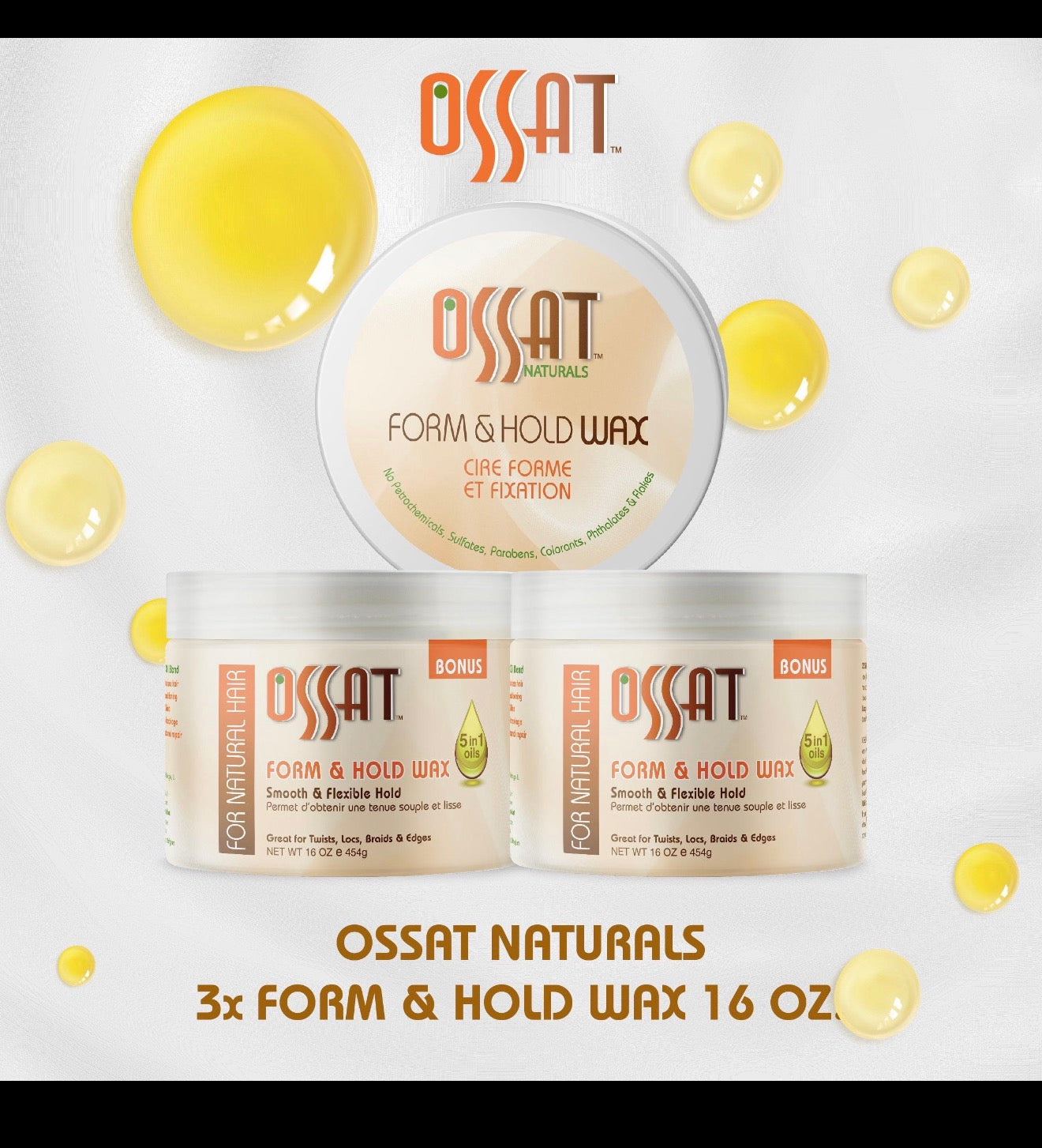 OSSAT Form & Hold Hair Wax 16oz For Twists Braids Locs Edges 5-in-1 Oils