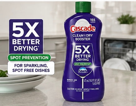 Cascade Clean + Dry Booster Rinse Aid – 5X Better Drying, Spot Prevention, 155 Loads (16 oz)