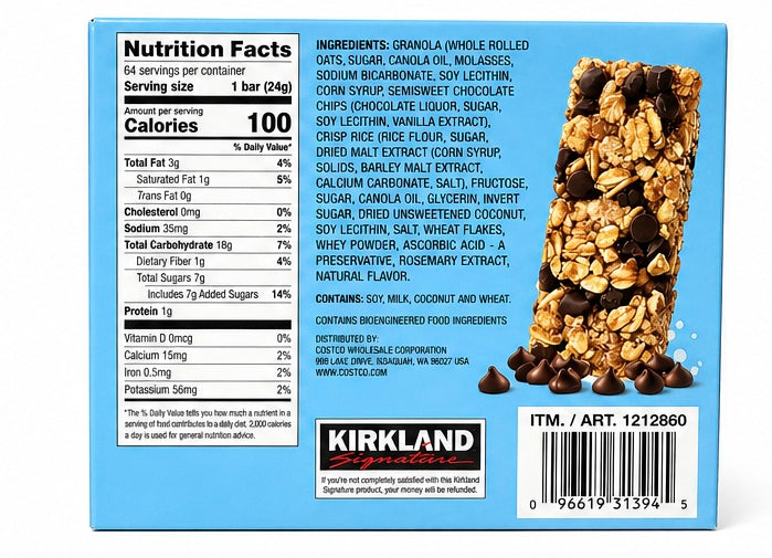 Kirkland Signature Soft & Chewy Granola Bars – Chocolate Chip (64 Pack)