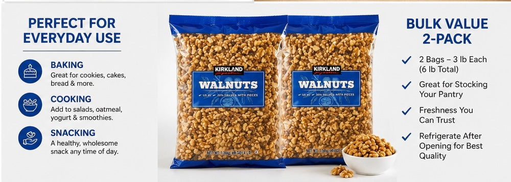 Kirkland Signature Raw Walnuts 3 lb (48 oz) Bag – 2 Pack | Premium Shelled Walnut Halves & Pieces | Unsalted, Bulk Healthy Snack