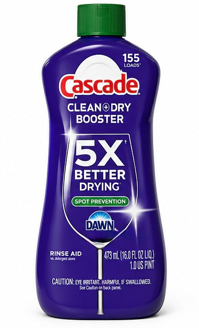 Cascade Clean + Dry Booster Rinse Aid – 5X Better Drying, Spot Prevention, 155 Loads (16 oz)