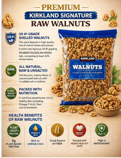 Kirkland Signature Raw Walnuts 3 lb (48 oz) Bag – 2 Pack | Premium Shelled Walnut Halves & Pieces | Unsalted, Bulk Healthy Snack