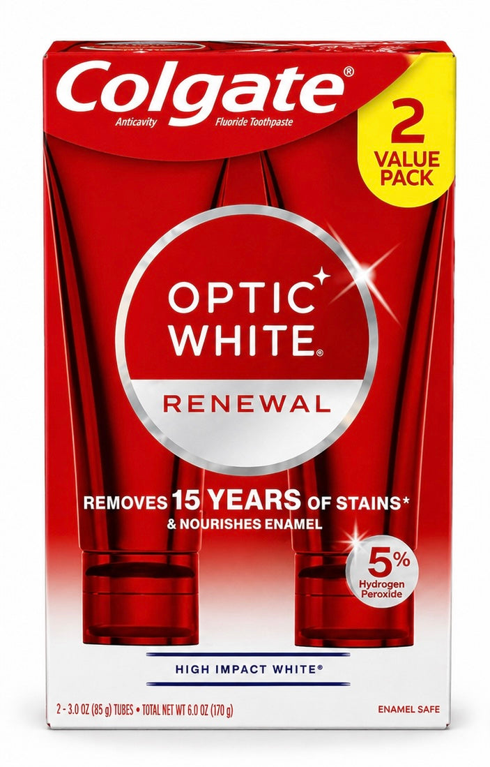Colgate Optic White Renewal Toothpaste 2-Pack – Enamel Safe Whitening | 5% Hydrogen Peroxide