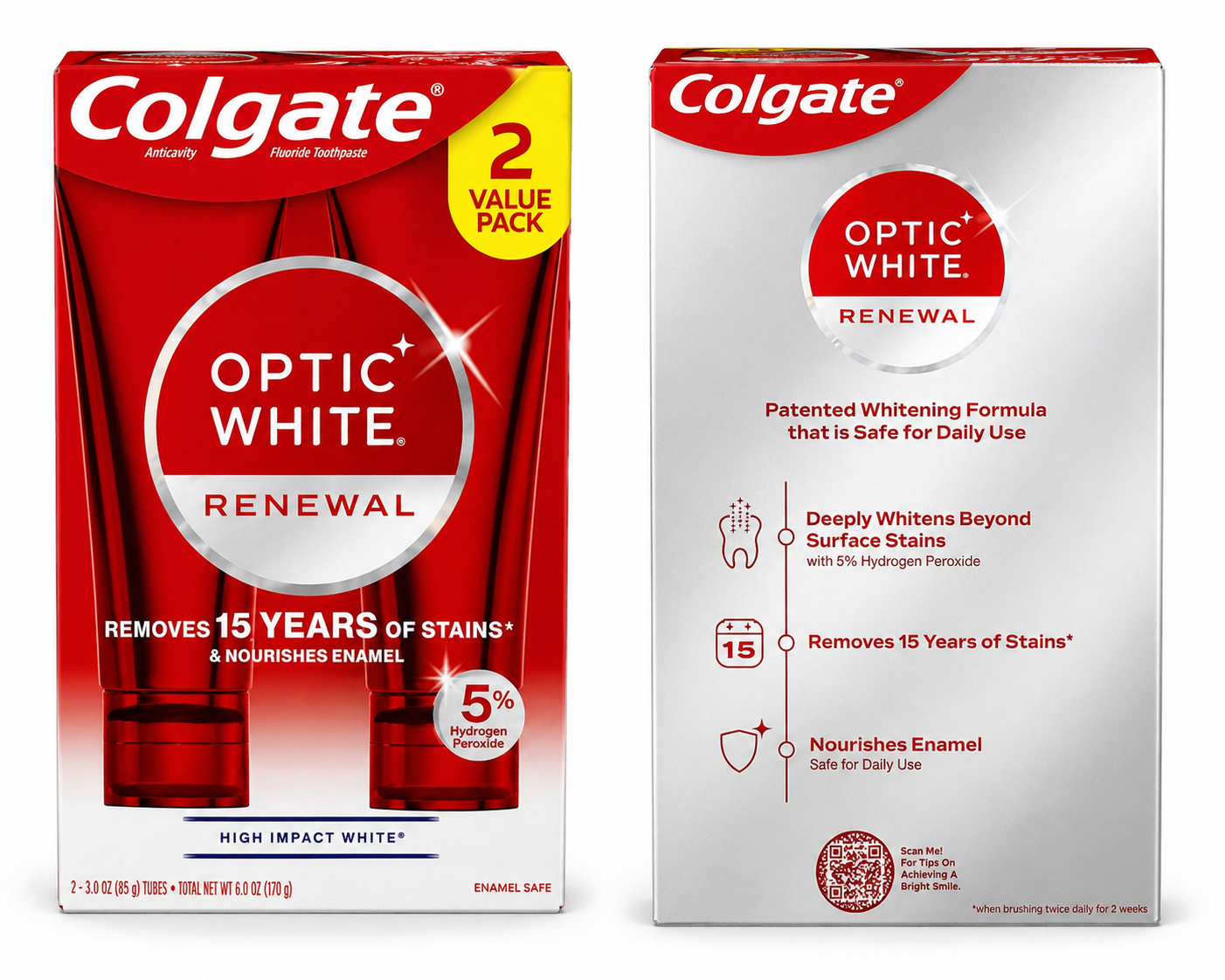 Colgate Optic White Renewal Toothpaste 2-Pack – Enamel Safe Whitening | 5% Hydrogen Peroxide